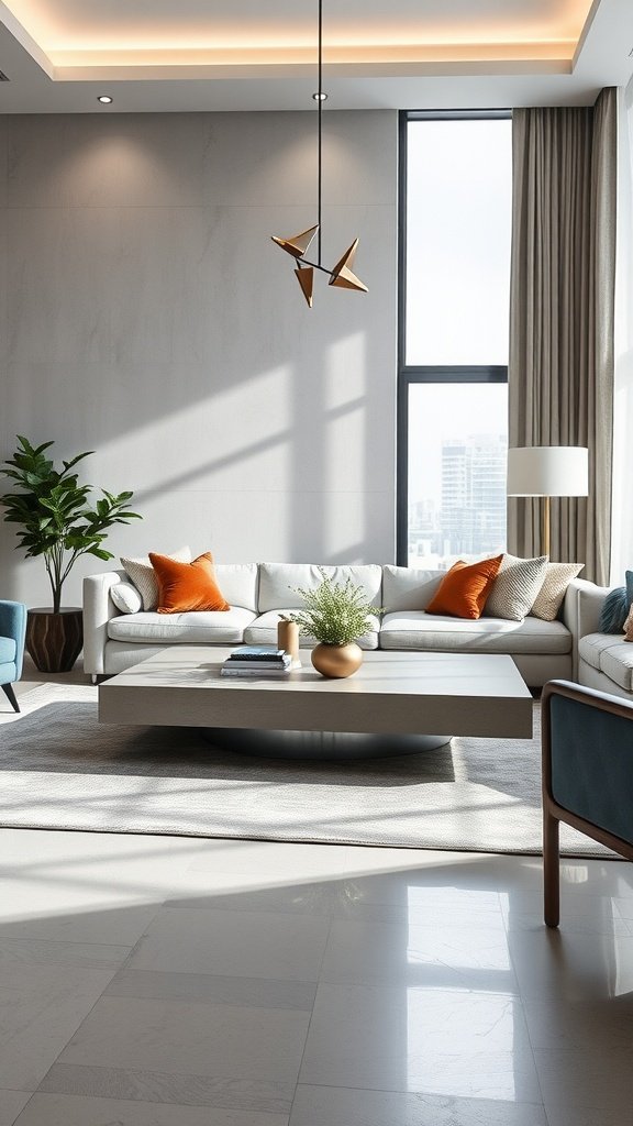 A stylish living room with polished concrete flooring, featuring a modern sofa and chic decor.