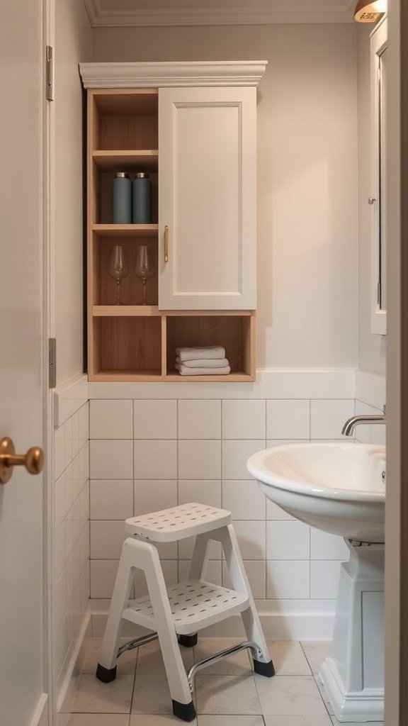 A portable step stool in a narrow bathroom next to a sink and cabinet.