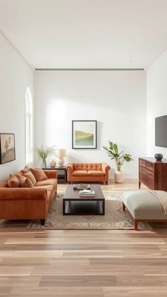 A cozy living room with an orange couch, a small coffee table, and a plant, designed to maximize space.