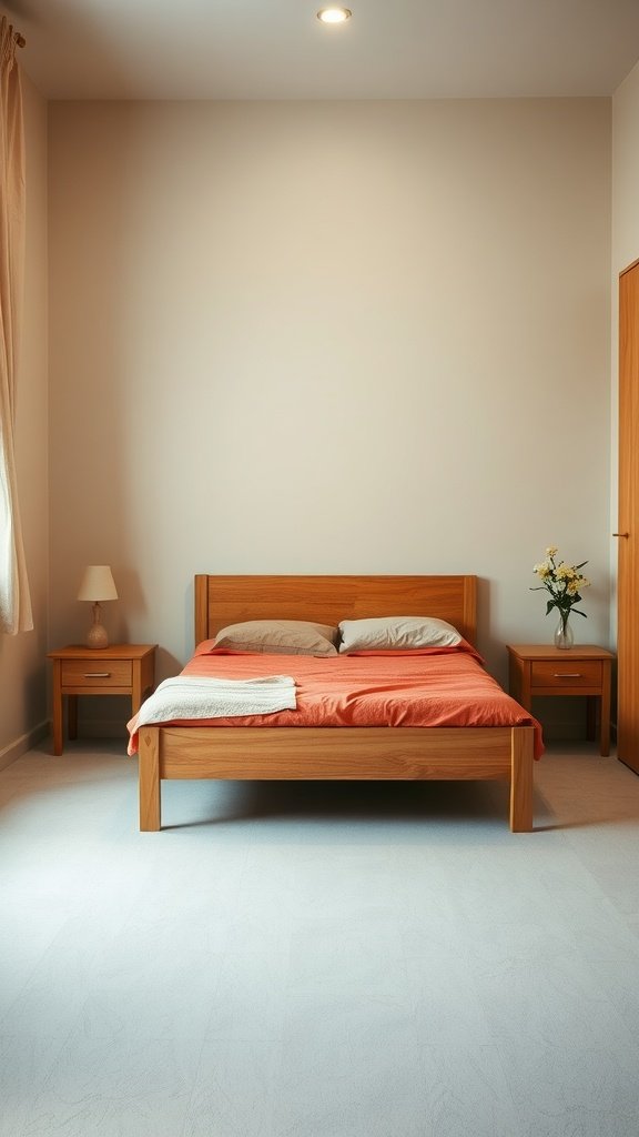 A small bedroom with a wooden bed against the wall and two nightstands.