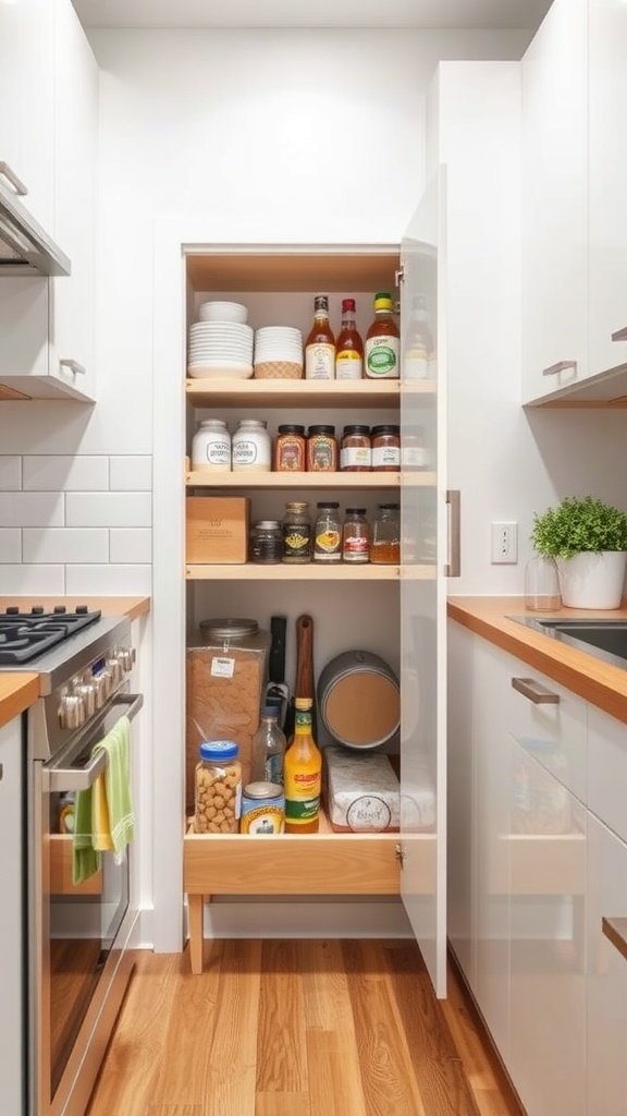 A pull-out pantry showcasing organized jars and kitchen items.