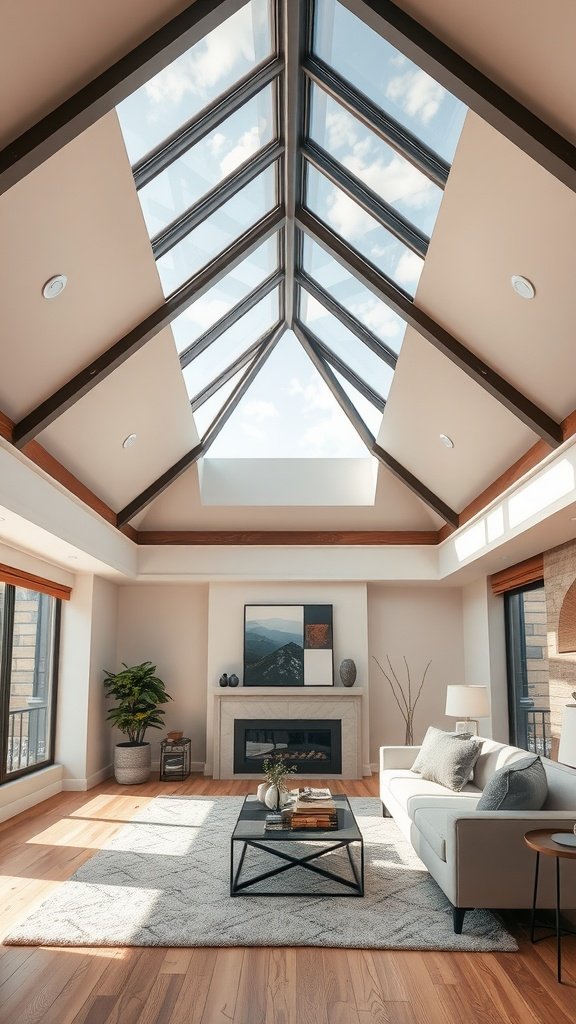 A modern living room featuring a pyramid skylight that enhances natural light.