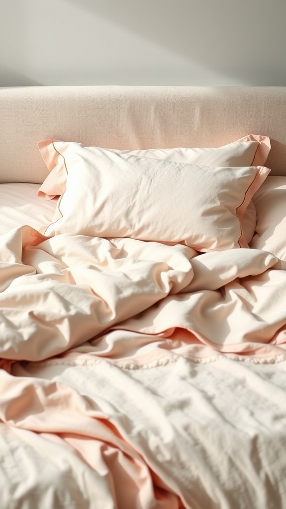Close-up of a bed with soft, light-colored linens and pillows.
