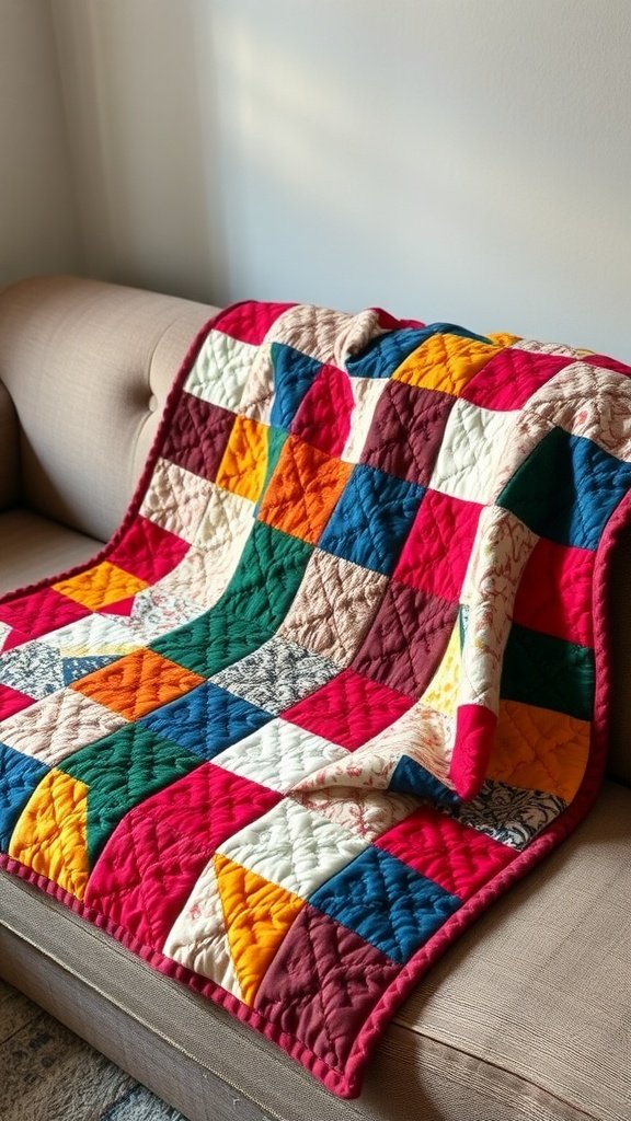 A colorful quilted throw draped over a beige couch.