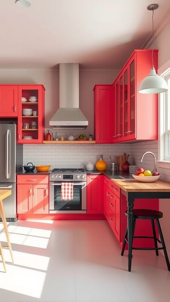 A bright kitchen featuring radiant coral cabinets, black countertops, and wooden accents.