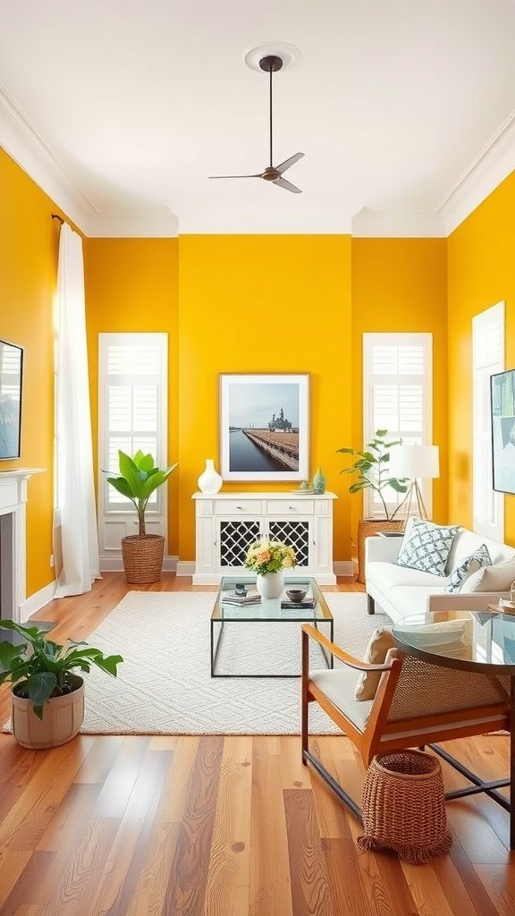 A living room with radiant mustard yellow walls, featuring a white sofa, plants, and a modern coffee table.