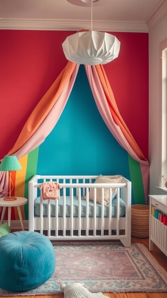 A colorful nursery featuring a crib, bright wall colors, and playful decor.