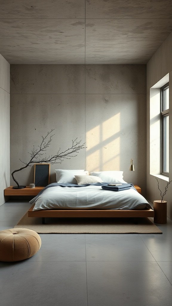 A modern bedroom featuring raw concrete walls and ceiling, complemented by a wooden bed and soft decor.