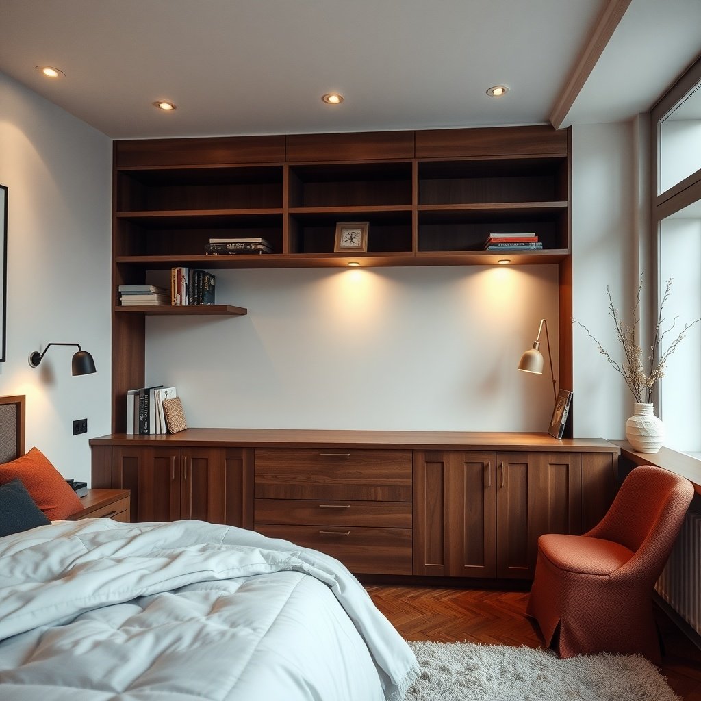 A cozy bedroom featuring recessed lighting and wooden shelving.