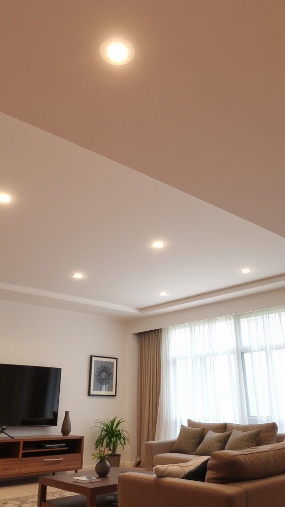A modern living room featuring recessed lighting in the ceiling, creating a warm and inviting atmosphere.