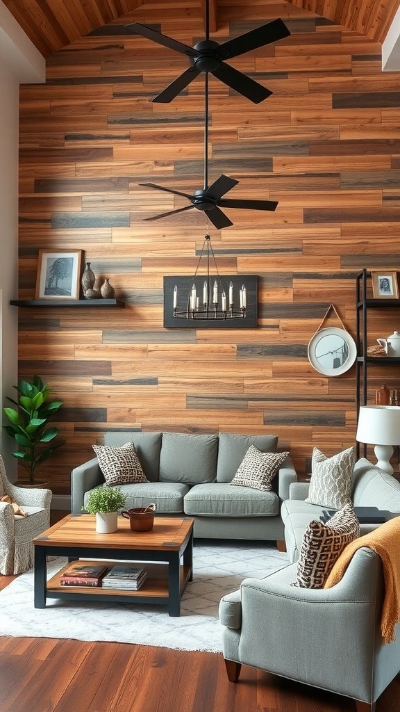 A modern living room featuring a reclaimed barn wood accent wall with grey furniture and stylish decor.