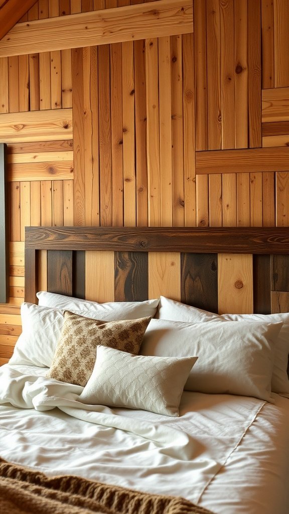 Rustic reclaimed wood headboard in a cabin-inspired bedroom