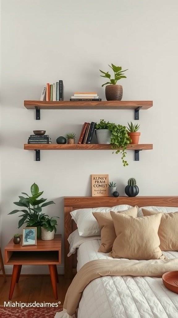 Reclaimed wood shelves in a serene bedroom setting with plants and books.
