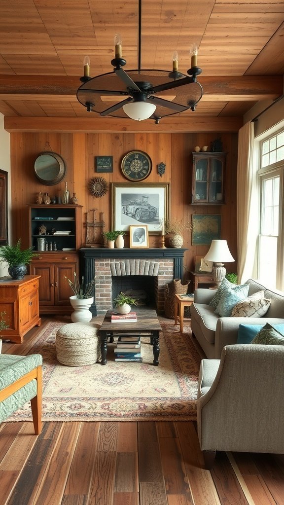A cozy living room featuring reclaimed wood surfaces, including a ceiling and walls, with various decorative elements.