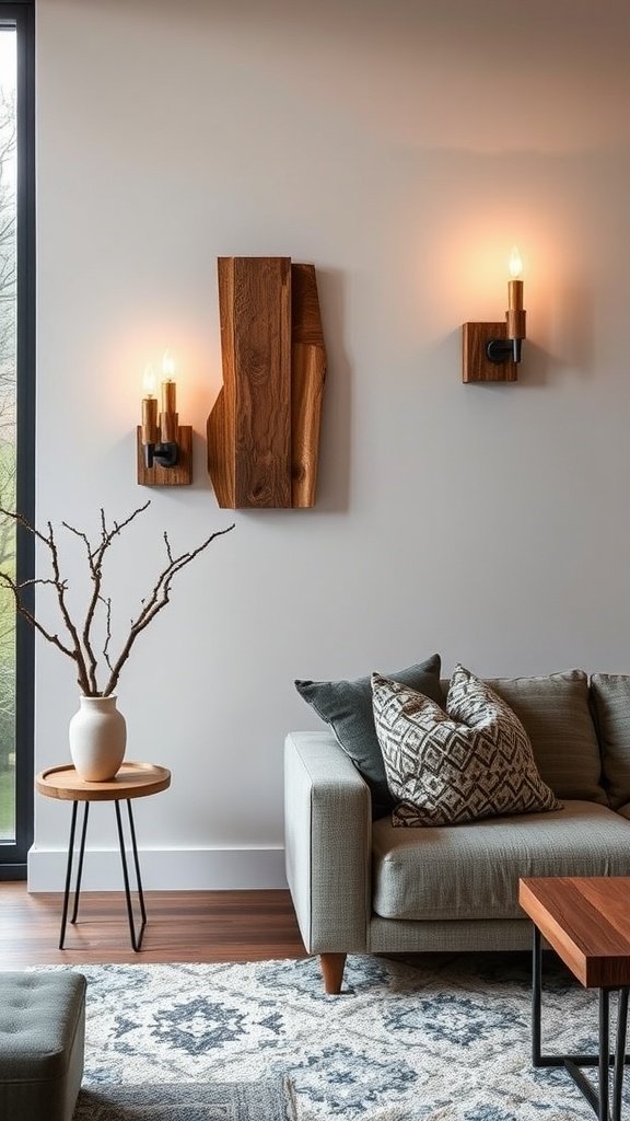 Reclaimed wood wall sconces illuminating a stylish living room with a grey couch and decorative pillows.