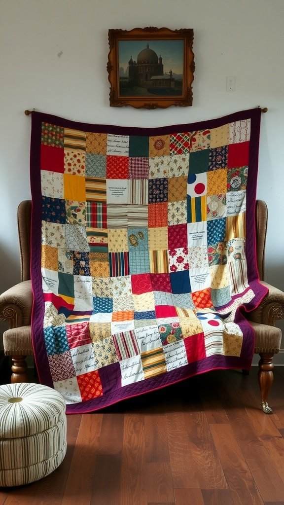 A colorful recycled fabric quilt draped over a chair, featuring various patterns and colors.