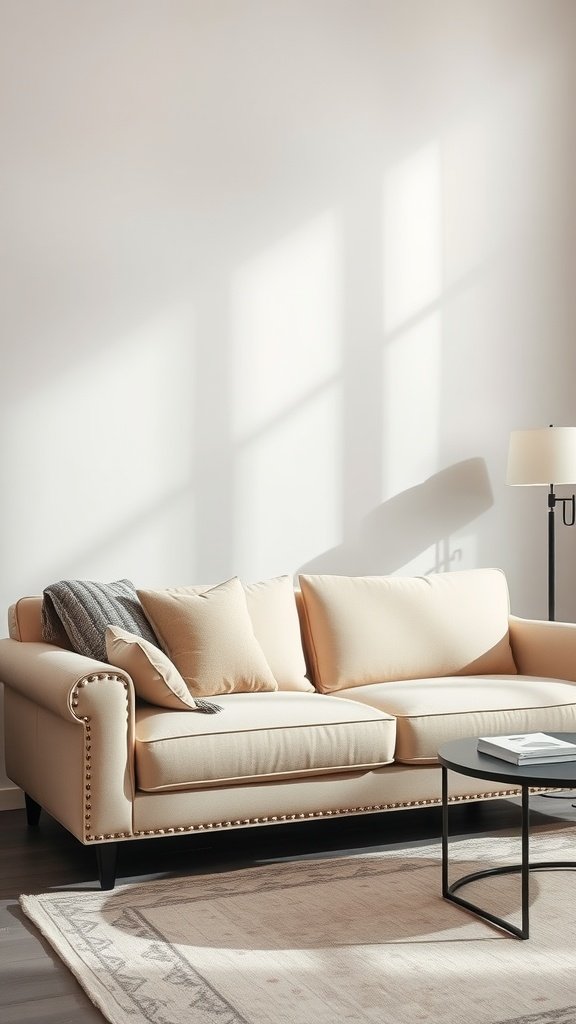 A refined neutral-toned sofa in a bright living room setting with a coffee table.