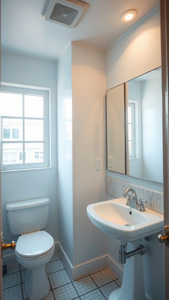 A bright, small bathroom with a window and mirrors reflecting natural light.