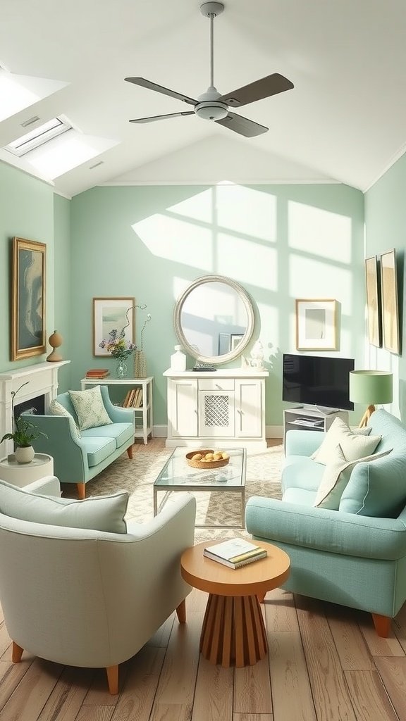 A living room featuring mint green walls, modern furniture, and plenty of natural light.