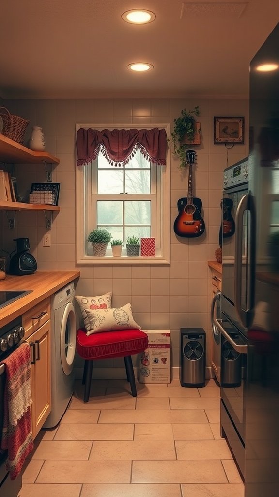 A cozy kitchen corner with a chair, cushions, and warm lighting.