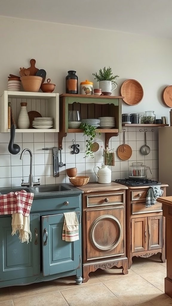 A cozy boho kitchen featuring repurposed vintage furniture with eclectic patterns and earthy accents.
