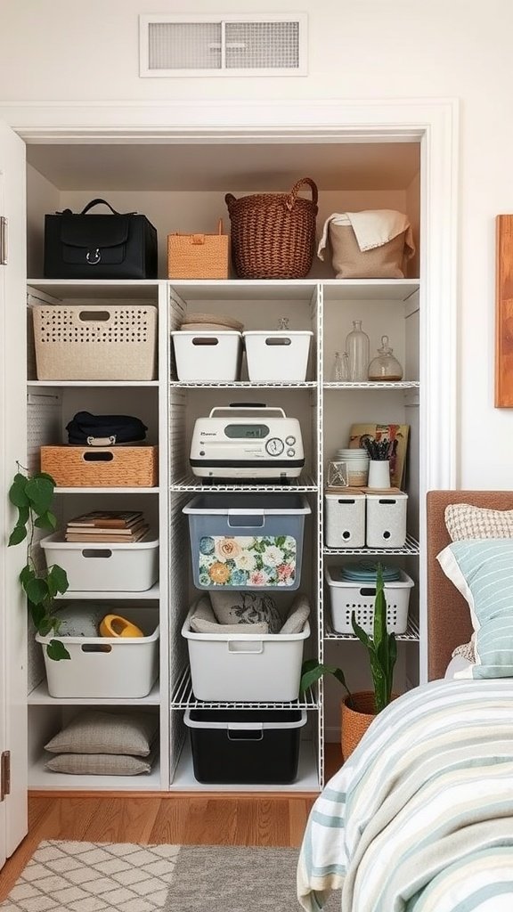 A well-organized closet with various storage bins and boxes, showcasing effective use of space.