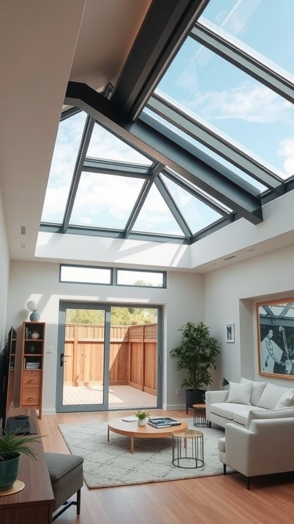 A modern living room with retractable skylights allowing natural light.