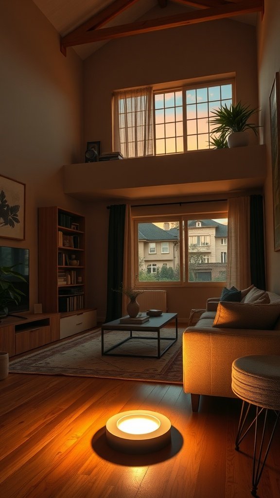 A cozy living room with a retro floor uplight illuminating the space.