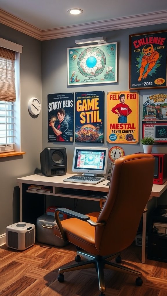 A retro gaming study area featuring game-themed posters, a computer desk, and a stylish orange chair.