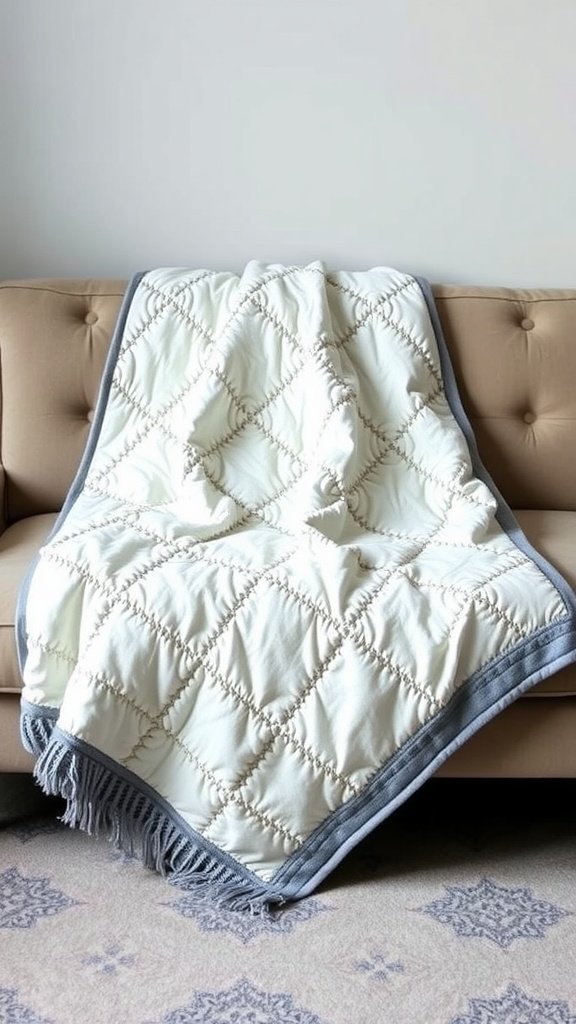 Reversible quilted throw blanket draped over a couch