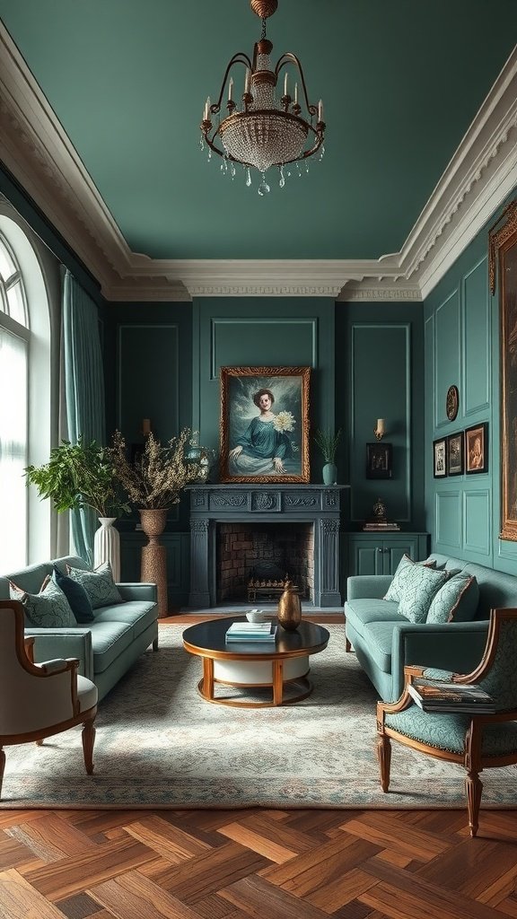 Elegant living room with balsam green walls, chandelier, and tasteful decor.