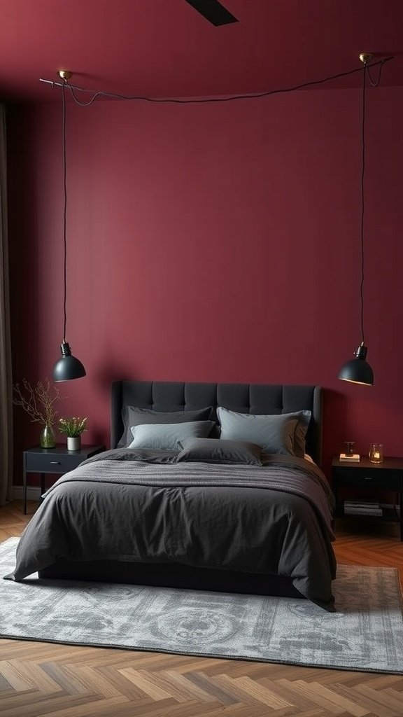 A luxurious bedroom featuring rich burgundy walls and charcoal bedding.