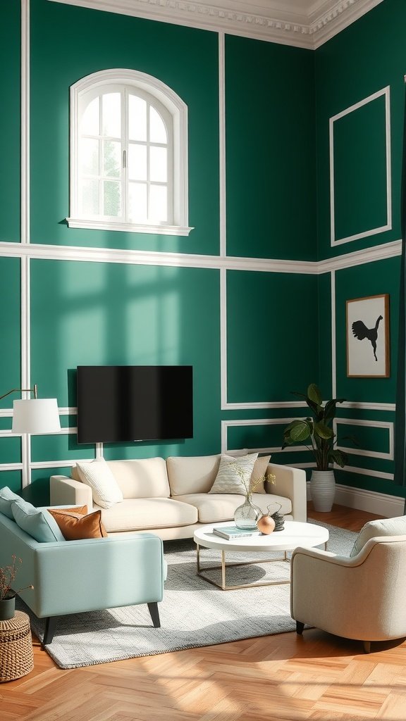 A living room featuring rich emerald green walls, light furniture, and stylish decor.