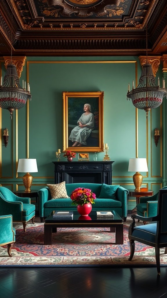 A luxurious living room featuring rich jewel tones with teal seating, intricate gold details, and elegant lighting.
