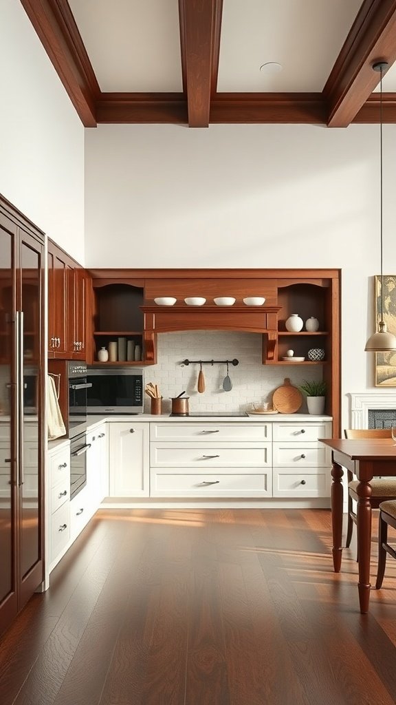 A kitchen featuring rich mahogany cabinets and soft white accents.