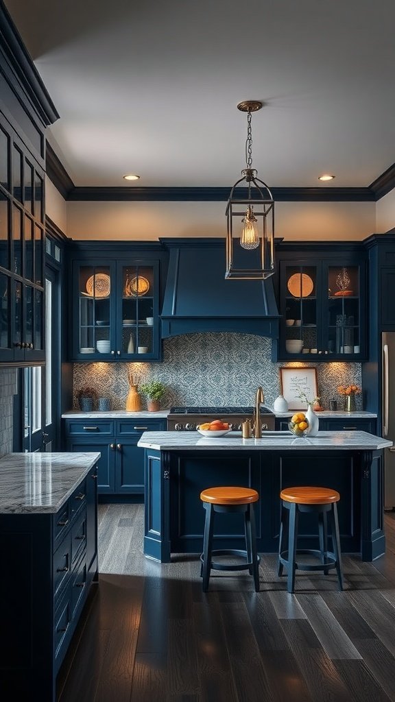 A modern kitchen featuring rich navy blue cabinets and matching accents.