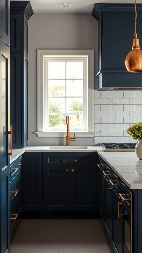 A modern kitchen featuring rich navy blue cabinets and stylish copper accents.
