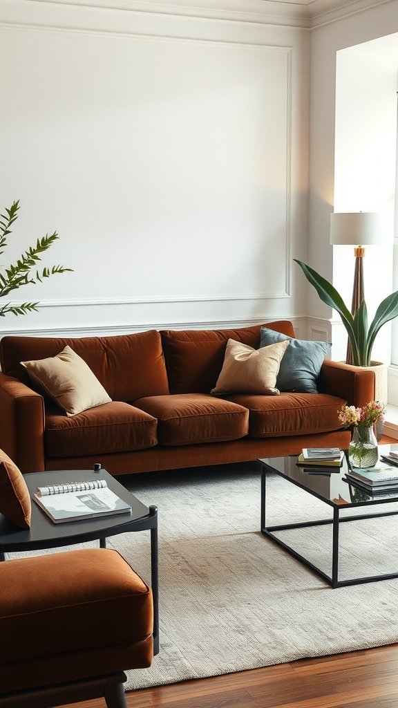 A modern living room featuring a rich suede couch, accent pillows, and a stylish coffee table.