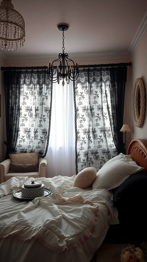 A cozy bedroom featuring black lace curtains, a charming bed, and soft lighting.