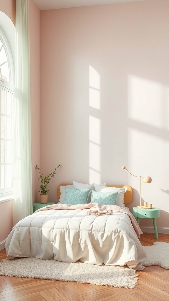 A cozy bedroom featuring rose quartz walls and mint green accents.