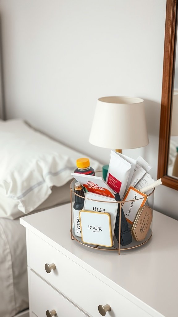 A stylish rotating organizer filled with various items on a bedside table.