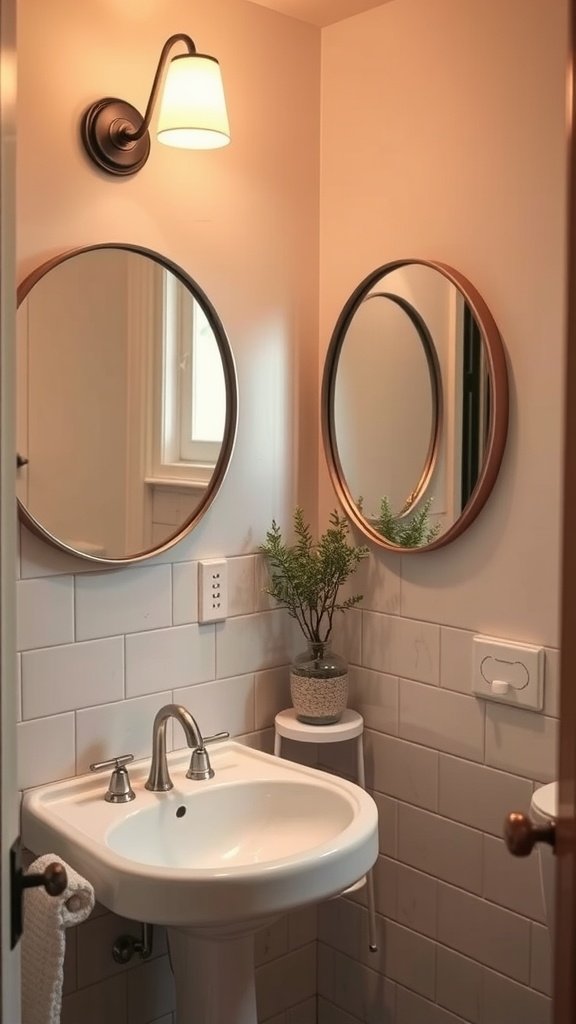 Two round mirrors above a sink in a small bathroom with soft lighting.