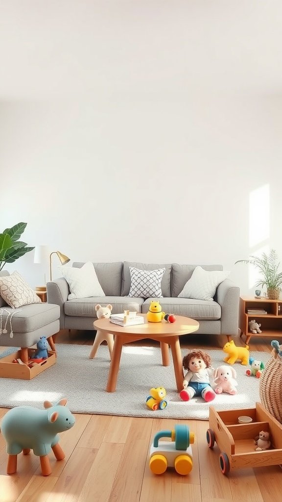 A cozy living room with a rounded coffee table, soft toys, and a comfortable couch.