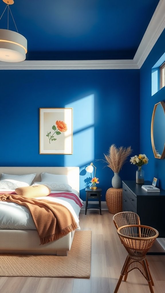 A bedroom with royal blue walls and warm beige accents, showcasing a cozy and vibrant atmosphere.