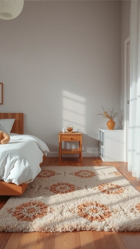 A cozy bedroom featuring a soft rug with a floral pattern, a wooden bed, and a small nightstand.
