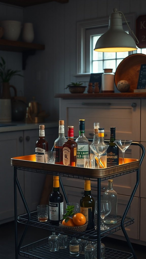 A beautifully arranged rustic bar cart with various bottles, glasses, and garnishes in a cozy kitchen setting.