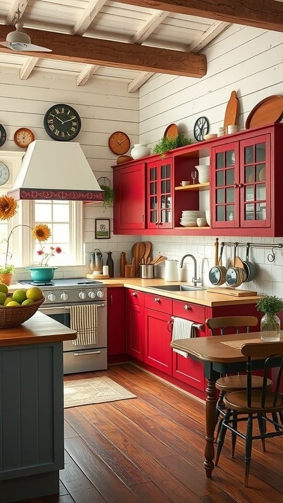 A rustic kitchen featuring barn red cabinets with wooden accents and a cozy atmosphere.