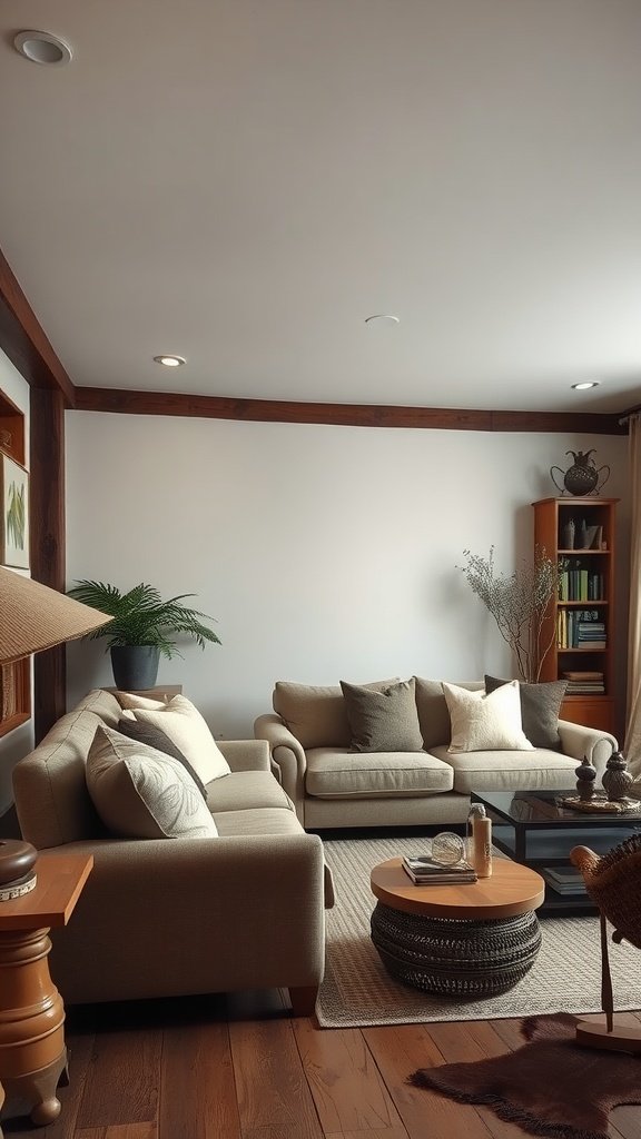 A cozy living room featuring rustic brown and cream colors with plush seating and wooden accents.