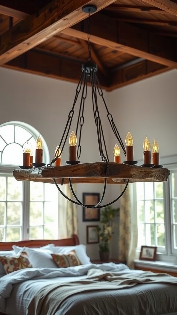 A rustic chandelier made of wood and metal hanging in a bright bedroom.