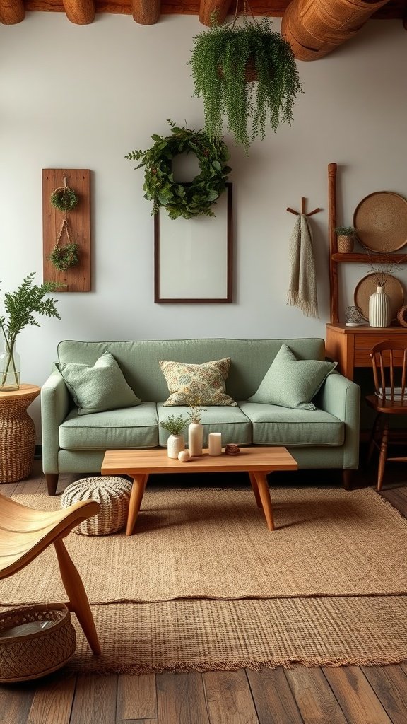 A cozy living room featuring a sage green sofa with natural wood elements and greenery.